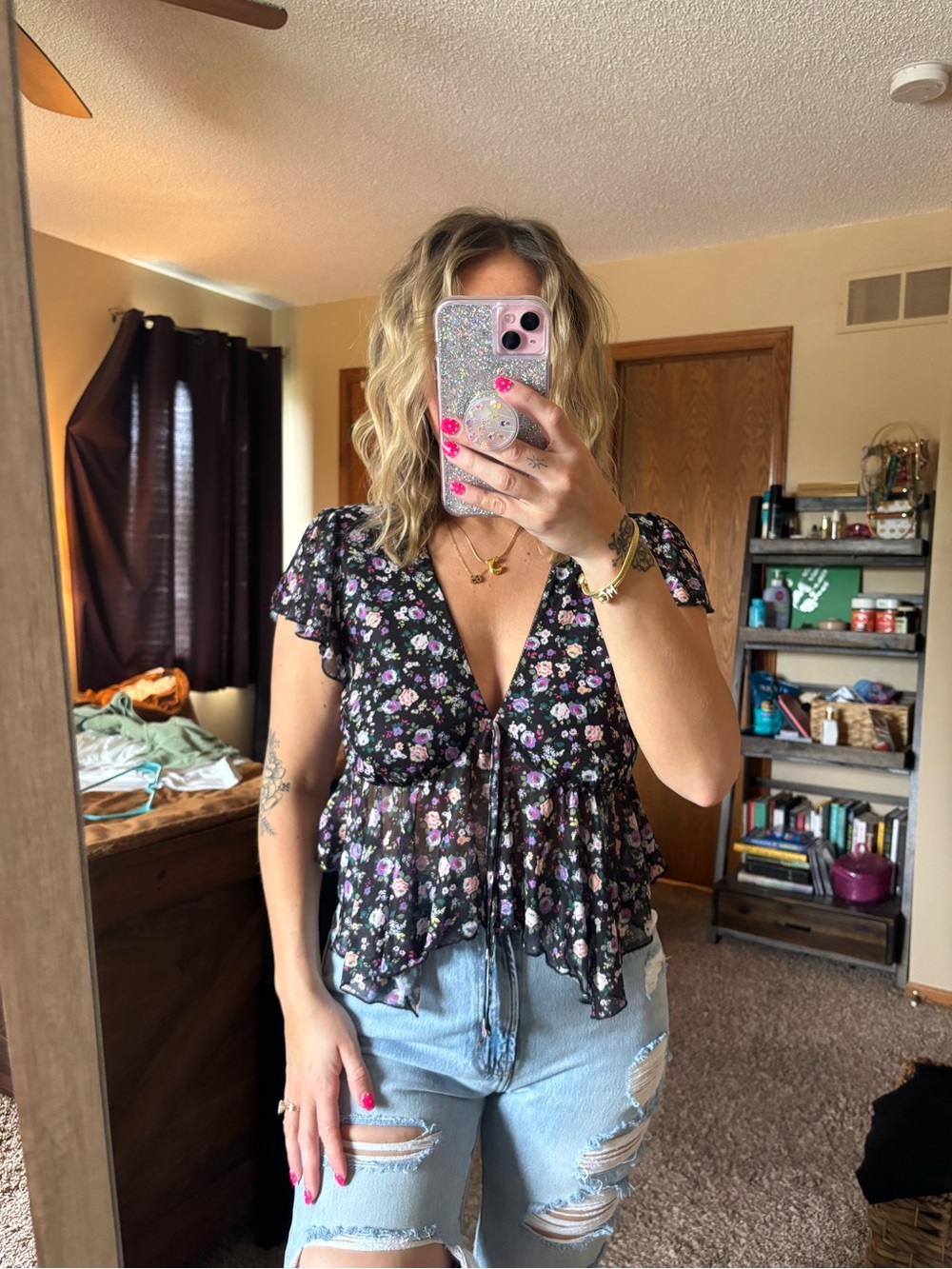 Black Floral V-Neck Ruffle Tie-Front Blouse